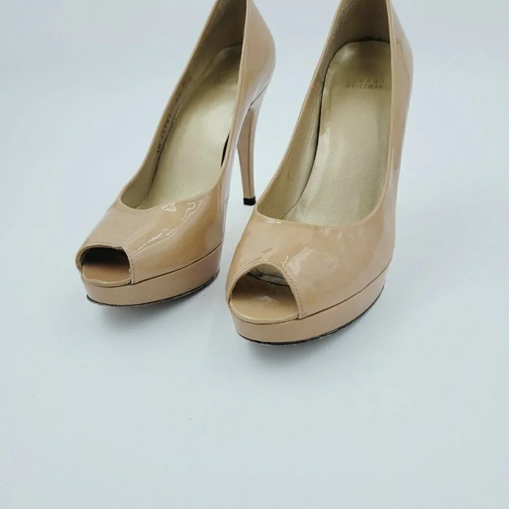 Stuart Weitzman Neutral Patent Leather Platform Peep Toe Pumps Size 8.5M